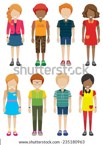 Male and female teenagers without faces on a white background