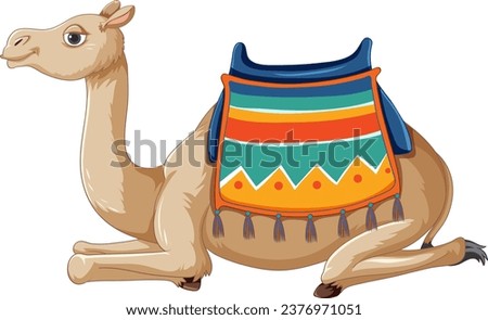 A cute cartoon camel sitting with a saddle, illustrated in a vector art style