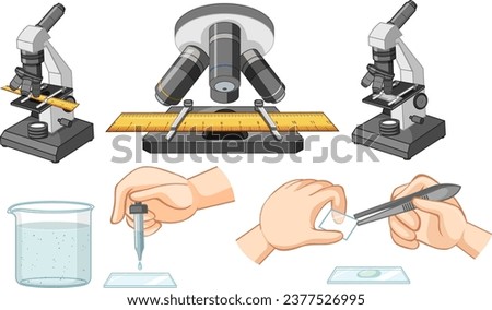 Vector cartoon illustration of a science experiment with microscope and sample analysis
