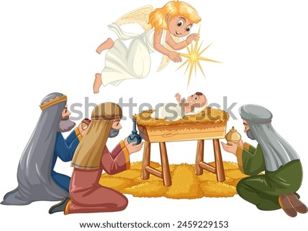 Illustration of a nativity scene with angel and wise men