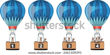 Four numbered balloons carrying animal friends