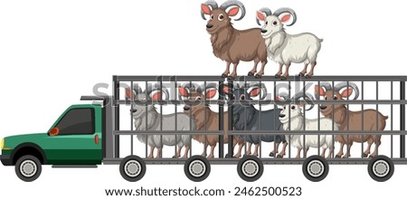 Various domestic animals transported in a cage truck