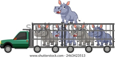 Vector illustration of hippos in a cage truck