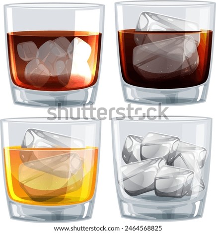 Four glasses with different beverages and ice