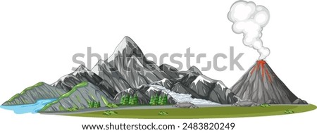 Illustration of mountains, volcano, river, and trees