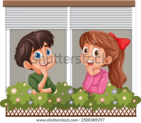 Two kids talking over a flower box