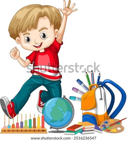 Child jumping with educational items and backpack