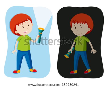 Boy with flashlight on and off illustration