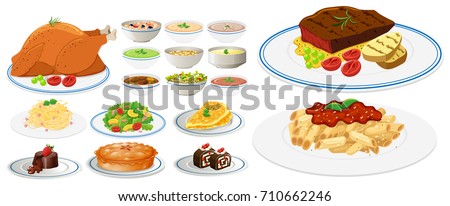 Different types of food on plates illustration