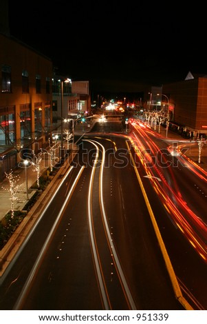 Downtown Urban Street at Bellevue Washington with Blurred Automobile Lights