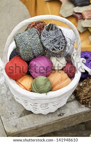Ball of wool of different colors in sewing basket, sewing and creating