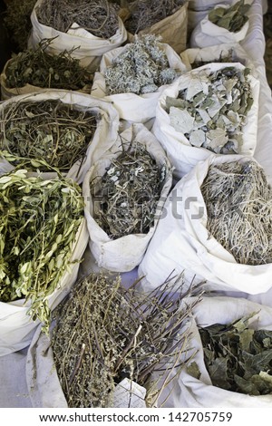 Dried herbs herbalist\'s shop in Market feeding, health