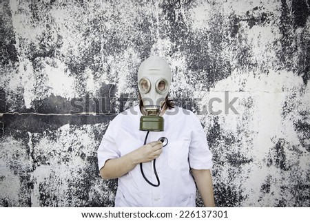 Woman with hooded gas mask, fear halloween