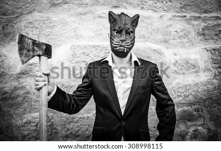 Male black cat mask, fear and terror