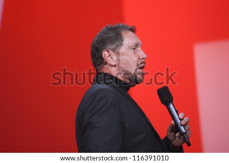 SAN FRANCISCO, CA, SEPT 30, 2012 - CEO of Oracle Larry Ellison makes his first speech at Oracle OpenWorld conference in Moscone center on Sept 30, 2012. He is onet of richest US persons