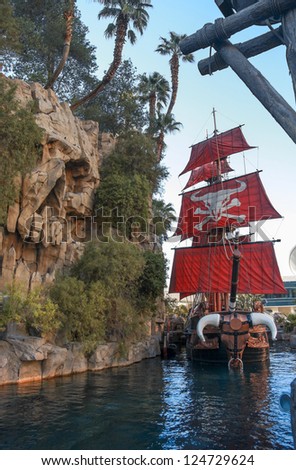 LAS VEGAS, NEVADA - MAY 5, 2009: Pirate ship at pond near Treasure Island hotel in Las Vegas on May 5, 2009. This Caribbean themed resort has an hotel with 2,884 rooms