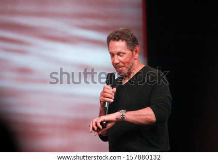 SAN FRANCISCO, CA, SEPT 22, 2013 - CEO of Oracle Larry Ellison makes his speech at Oracle OpenWorld conference in Moscone center on Sept 22, 2013. He is third in the Forbes list of richest US persons