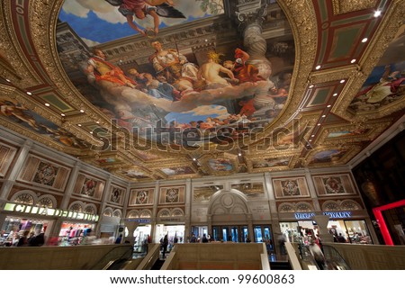 LAS VEGAS, NEVADA - APRIL 11, 2011: Entry to Venetian hotel with ceiling painting mimic ancient pictures in Las Vegas on April 11, 2011. The resort opened in 1999 and built at a cost of $1.5 billion
