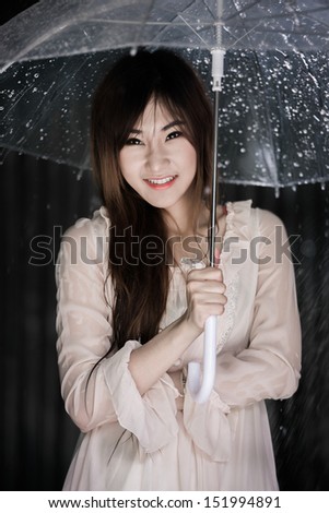 Happy Chinese girl with rain and transparent umbrella