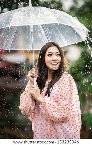 Beautiful girl in the rain with transparent umbrella