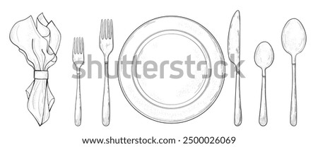 Table setting set. Fork, Knife, Spoon, plate sketch set. Cutlery hand drawing collection. Catering engraved vector illustration.  Dinner etiquette.