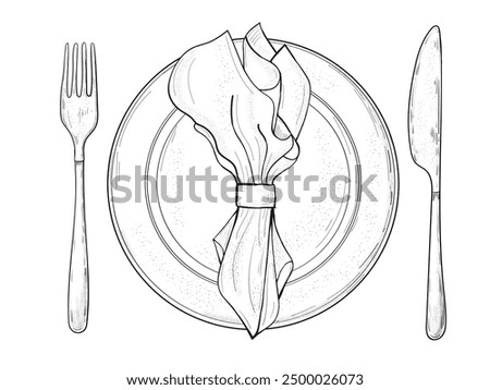 Table setting set. Fork, Knife, Spoon, plate sketch set. Cutlery hand drawing collection. Catering engraved vector illustration.  Dinner etiquette.