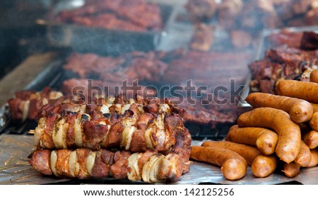 barbecue dinner skewers shish kebab and other meat