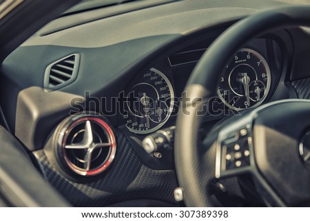 Sleza, Poland, August 15, 2015: Close upMercedes AMG steering wheel and cockpit on Motorclassic show on August 15, 2015 in the Poland