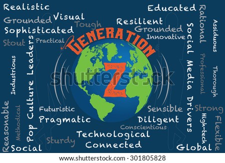 Generation Z – Word cloud characteristics of generation z with a globe