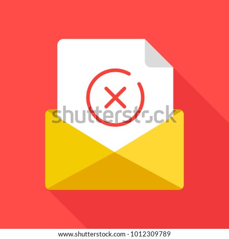 Opened envelope and document with red x mark line icon. Message wasn't sent, error,e-mail delivery failed, remove email, delete mail letter. Long shadow flat design. Vector illustration