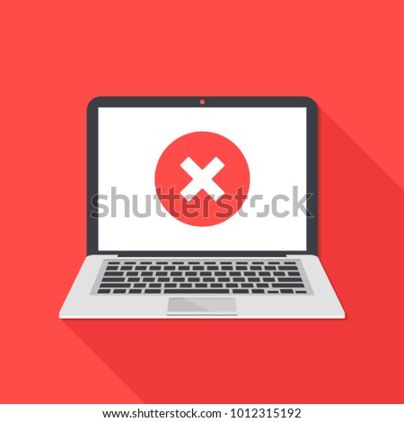 Laptop and x mark. Notebook and round red cross mark icon on white screen. Error window, exit button, no, cancel, 404 error page not found concepts. Modern long shadow flat design. Vector illustration