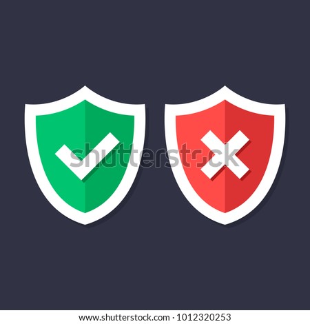 Shields and check marks icons set. Red and green shield with checkmark and x mark. Protection, safety, security, reliability concepts. Modern flat design graphic elements. Vector icons