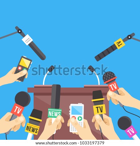 Press conference. Hands holding microphones and digital voice recorders. Rostrum, tribune with microphones. Modern flat design graphic elements. Vector illustration