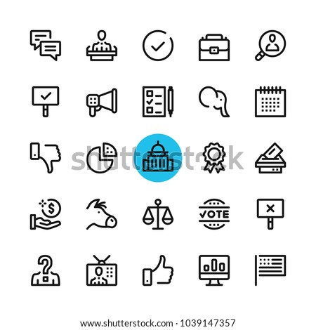 Politics, elections, government line icons set. Modern graphic design concepts, simple outline elements collection. 32x32 px. Pixel perfect. Vector line icons