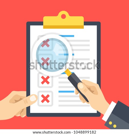 Hand holding checklist clipboard and hand holding magnifying glass. Clipboard with x marks, red crosses icons. Quality control, review, examination, checkup concepts. Flat design vector illustration