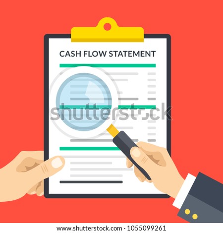 Hand holding cash flow statement clipboard, hand holding magnifying glass. Clipboard with financial statement, financial report. Business analysis, review, accounting. Flat design vector illustration