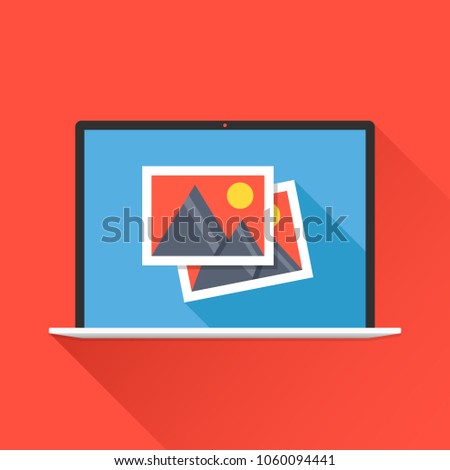 Laptop and photos icon on laptop screen. Photo app, images concept. Modern flat design graphic elements. Long shadow design. Vector illustration