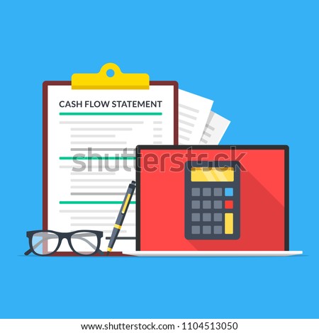 Cash flow statement. Laptop with calculator on screen, glasses, pen and clipboard with financial statement. Accounting, income calculation concept. Flat design. Vector illustration