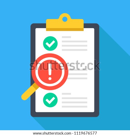 Clipboard with exclamation point and magnifying glass. Checklist. Quality control, inspection, checking, audit concepts. Flat design vector illustration with long shadow isolated on blue background