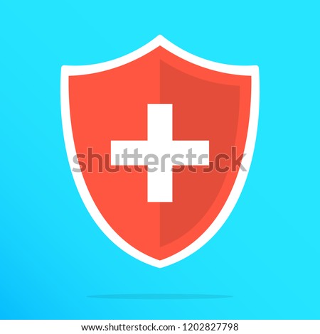 Shield with cross icon. Red shield with white cross. Vector flat icon