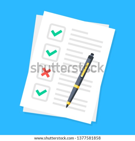 Checklist. Sheets of paper with check boxes, green checkmarks, red x mark and pen. List, survey, tasks concepts. Vector illustration