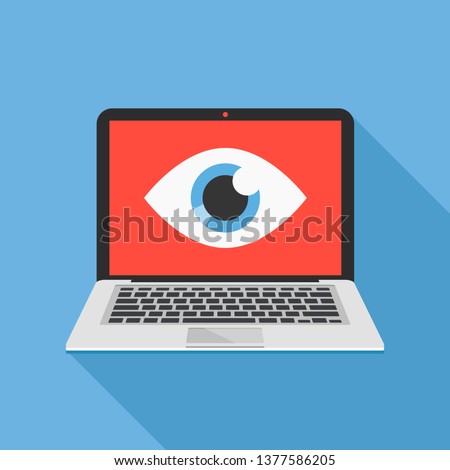 Laptop and eye icon. Internet surveillance, spyware, computer is watching you concepts. Flat design. Vector illustration