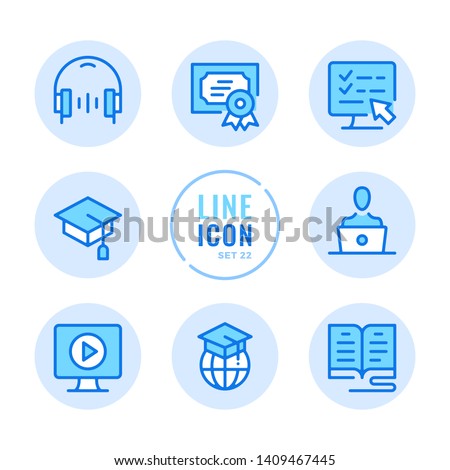 Online education vector line icons set. Book, computer, graduation hat, headphones, diploma outline symbols. Modern simple stroke graphic elements. Round icons