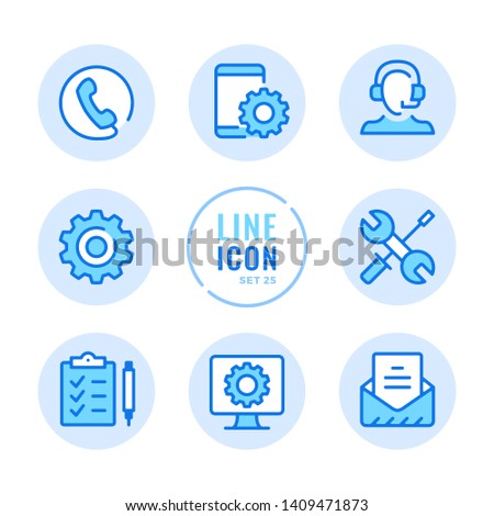 Technical support vector line icons set. Technician, call center, computer, mobile phone repair service outline symbols. Modern simple stroke graphic elements. Round icons