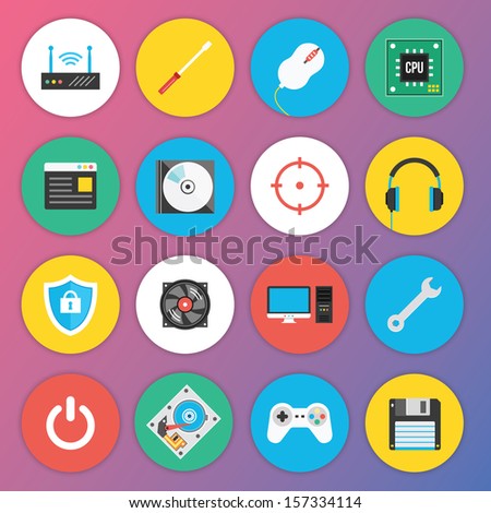 Trendy Premium Flat Icons for Web and Mobile Applications Set 7. Special Hardware Set.