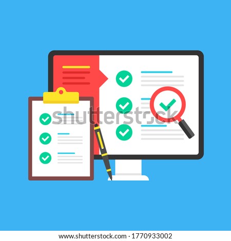 Checklist. Computer with check list on screen and clipboard with checklist and checkboxes with green ticks. Online survey, exam, audit, report, poll concepts. Modern flat design. Vector illustration