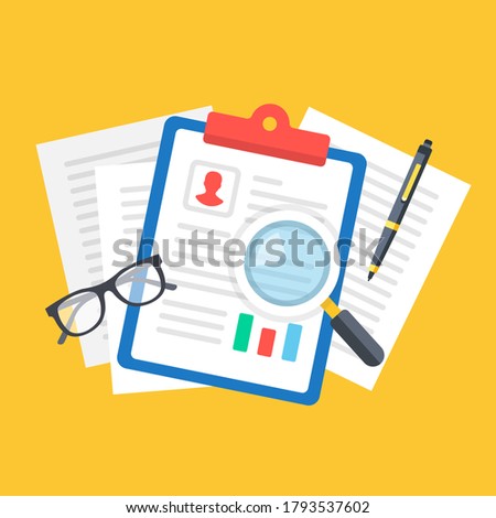 CV. Candidate application form, applicant resume. Employment, job interview concepts. Clipboard with CV, documents, magnifying glass, glasses, pen. Top view. Flat design. Vector illustration
