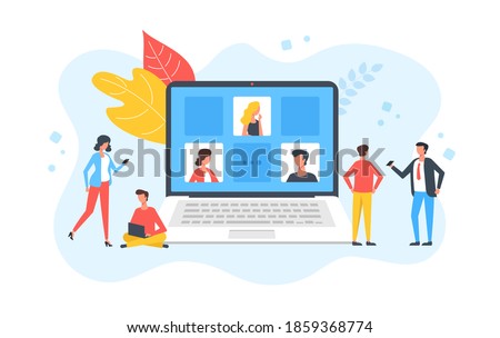 Video conference. Group of people and laptop with conference call on screen. Online meeting, business conference, technology, internet meetup concepts. Creative modern flat design. Vector illustration