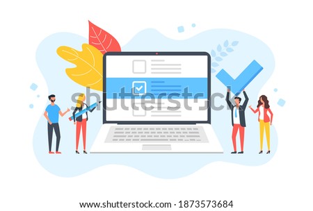 Checklist. Group of people and laptop with check list on screen. Online survey, complete tasks, to-do list, success, filling form, questionnaire concepts. Modern flat design. Vector illustration