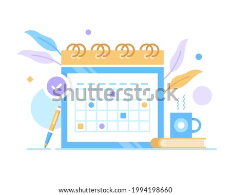 Planning, appointment, time management. Vector illustration. Calendar with marks. Important event, schedule, agenda, meeting, reminder concepts